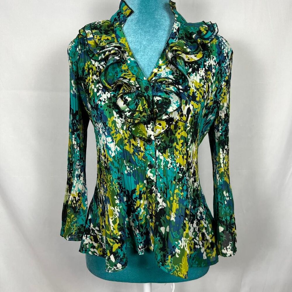 Y2K ALLISON TAYLOR PETITE Pleated Ruffle Abstract Blouse - PM‎